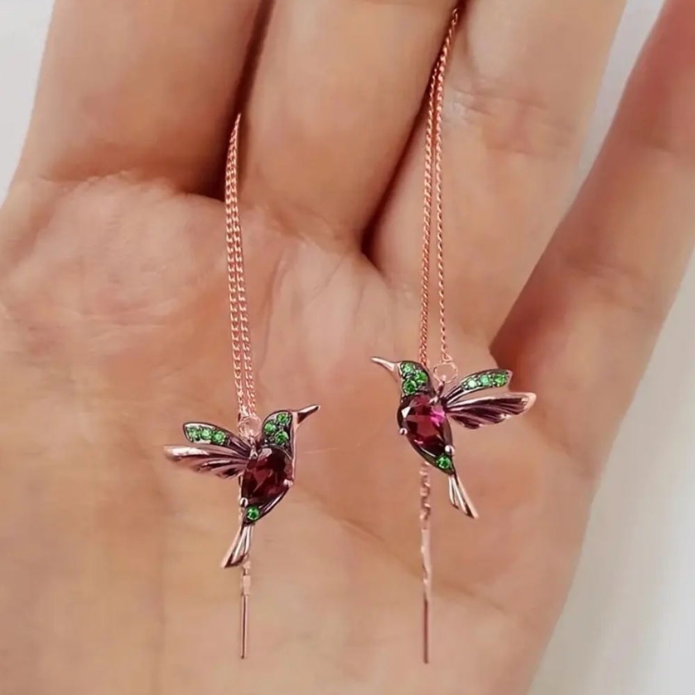 18k Rose Gold Plated Simulated Diamond Hummingbird Drop Earrings